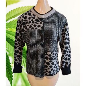 Vintage 1990s Victoria Lynn Gray & Black Animal Print Sweater Cardigan, Size PL